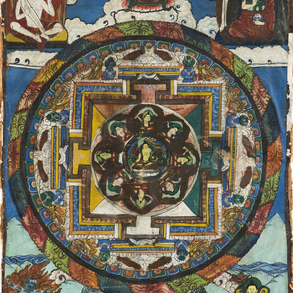 Tibetan thangka painted with gouache on paper pasted on canvas of the 19th century.