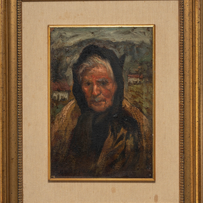 “Elderly Basque woman with farmhouses in the background”.