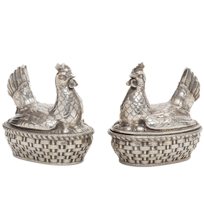 Pair of 20th century silver plated metal hen boxes.