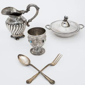 Set of water pitcher, wine glass, centre, fork and spoon in silver, 20th century