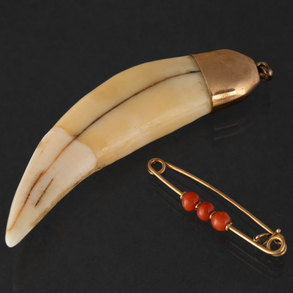 Set of 18k yellow gold fang pendant in bone and safety pin with coral beads.