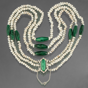 Three strand river pearl necklace with malachite and 18kt white gold clasp and four diamonds.