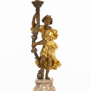 Lamp in the form of a classical figure in carved and polychrome wood from the 20th century.