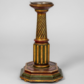 Ashtray standing in the form of a column in carved and polychromed wood with silver well. 20th century.