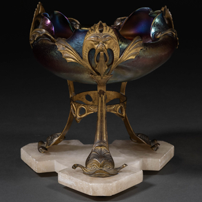 Austrian Art Nouveau blown glass centrepiece in various colours and gilded metal decoration.