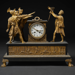 ‘The Oath of the Three Horatii’ French table clock, Empire period, gilt and blued bronze. French work, ca. 1815