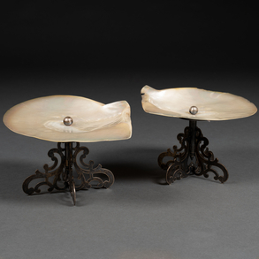 Pair of centrepieces with silver plated metal frame and mother-of-pearl shell. 20th century