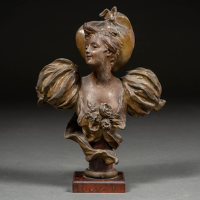 ‘Bust of a woman with roses’ 19th-20th century bronze and metal sculpture