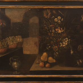 ‘Still life with flowers, pears, pitcher and water fountain’